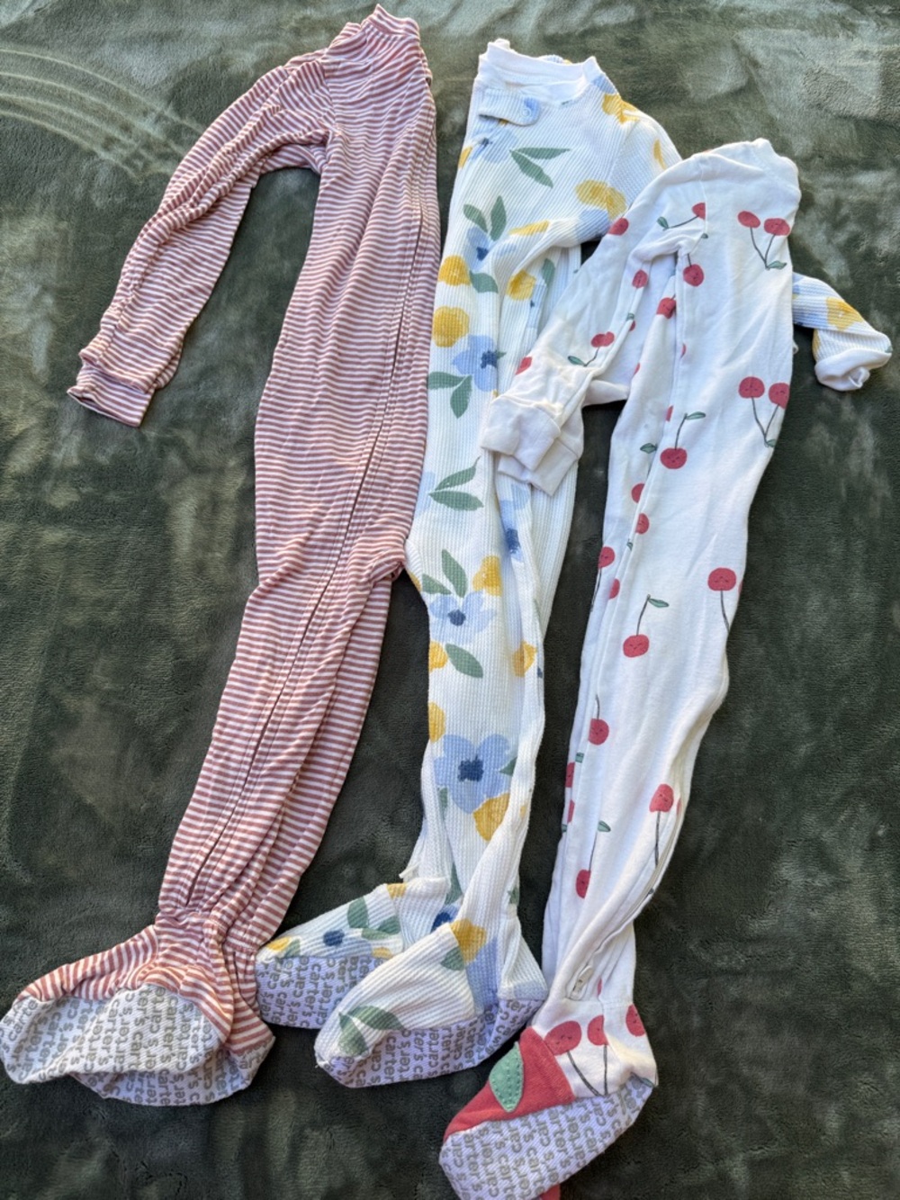 Carter's Girls' Long Sleeve Footed One-Piece Trio - Pink Stripe, Floral, Cherry